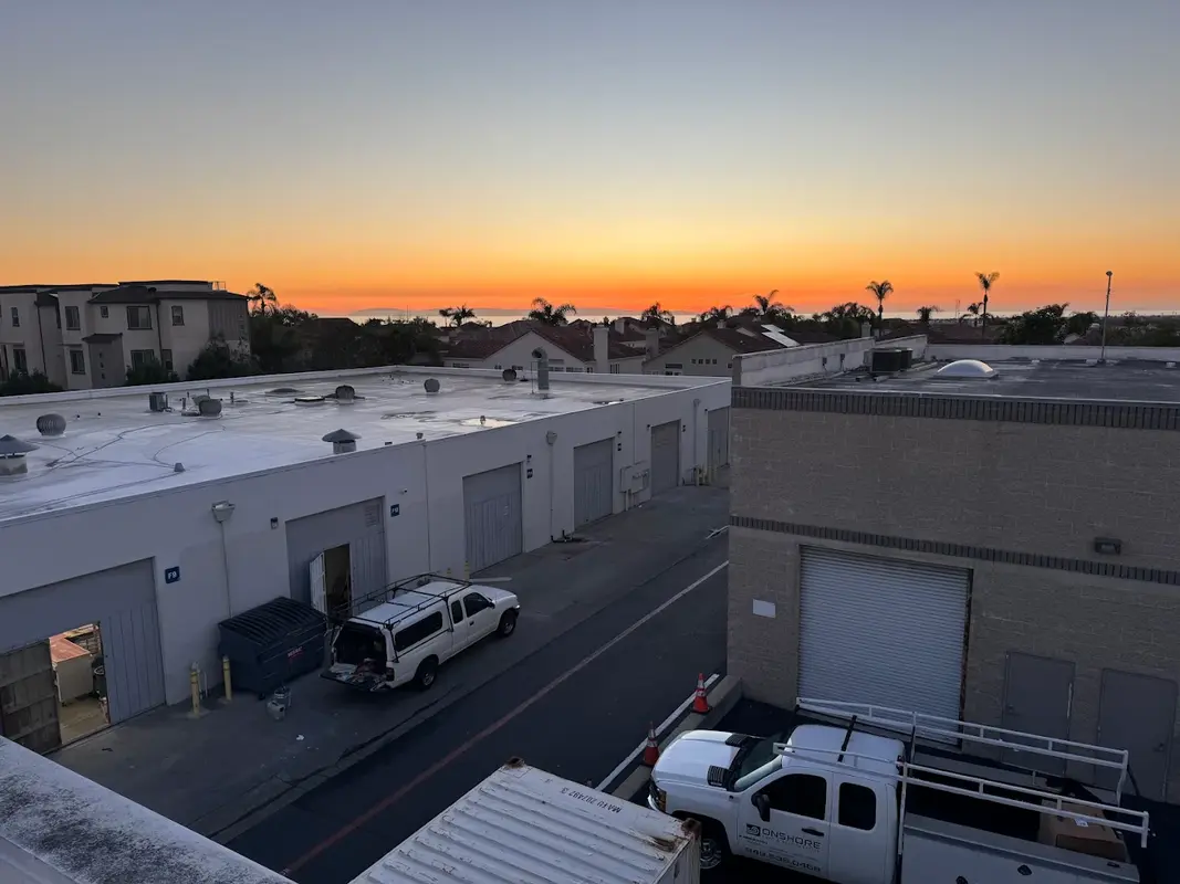 Onshore Mechanical shop at sunset in Huntington Beach